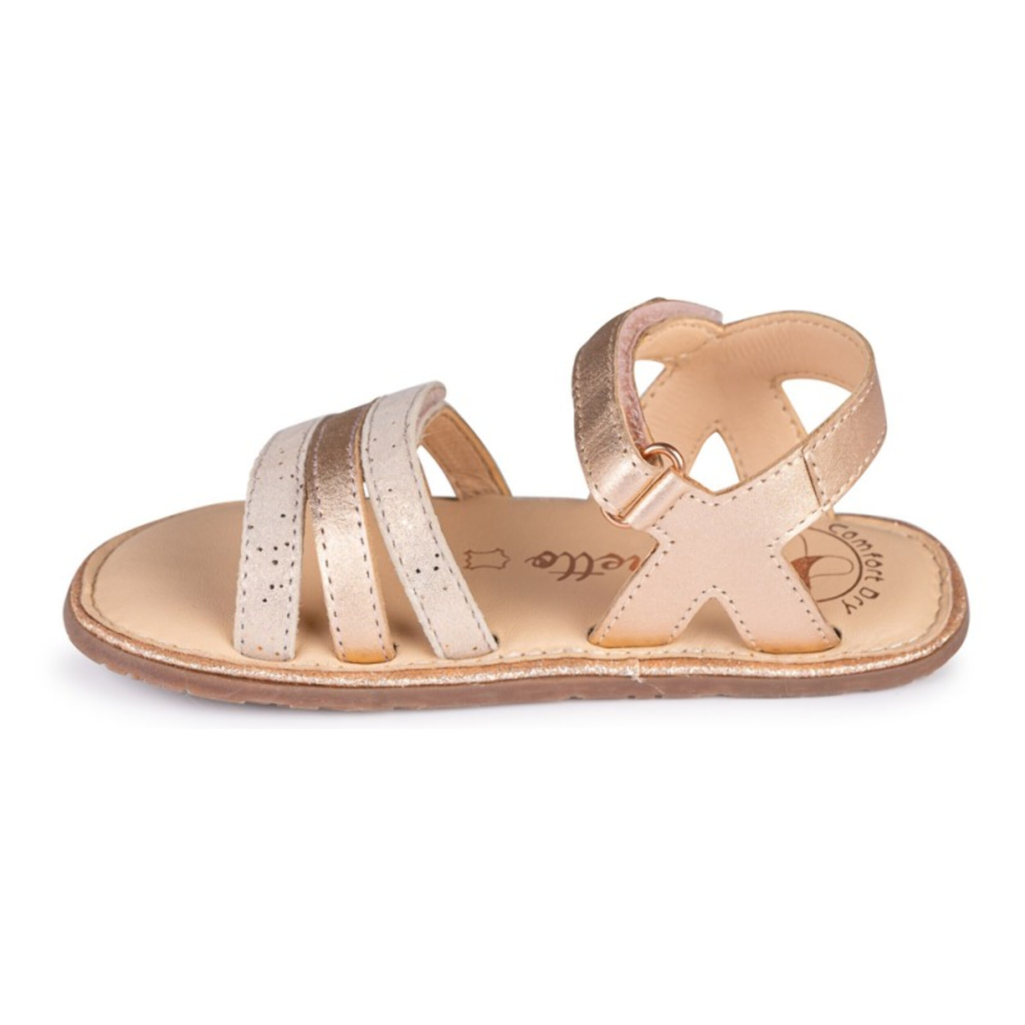 SANDALIA BAREFOOT ORO ROSADO - VELCRO Y ACABADO METÁLICO