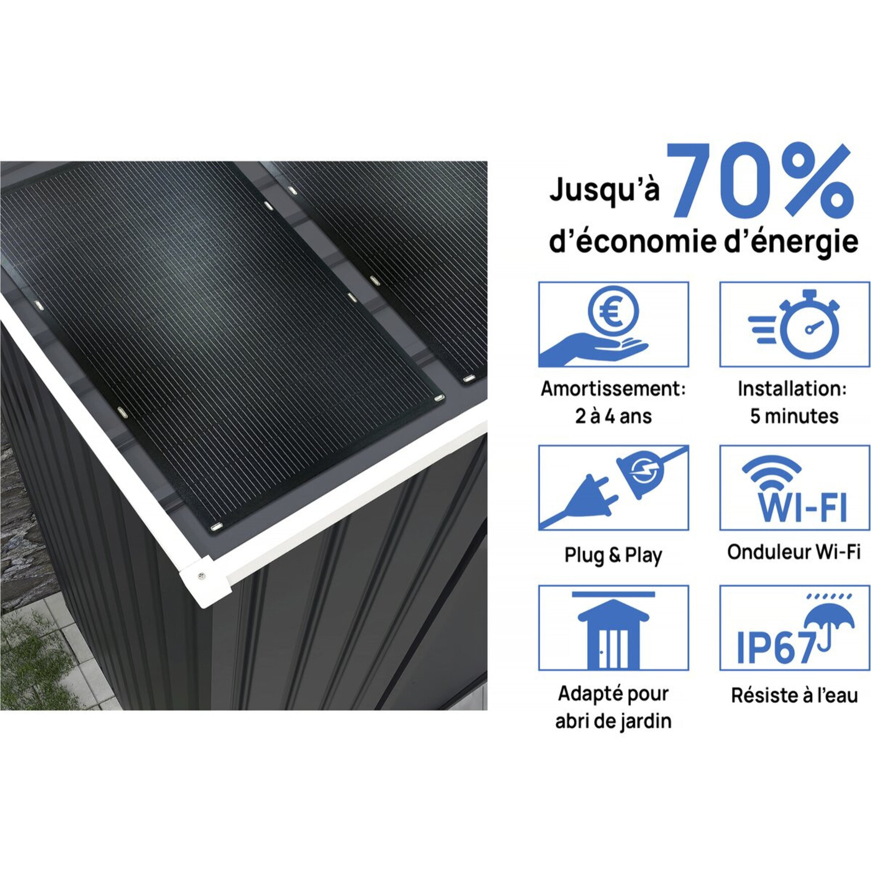 Abri de jardin métal - "Vegas" - 7.06 m² avec panneaux solaires - Gris