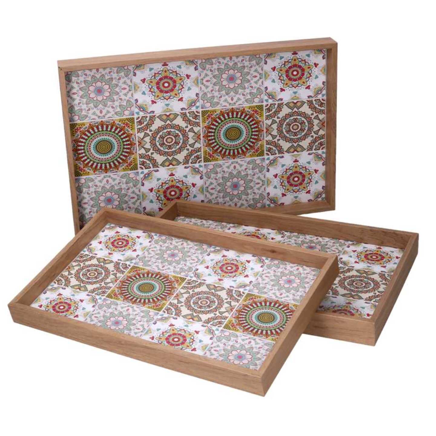 Set di 3 vassoi in legno crema bordo naturale cm45x30h4