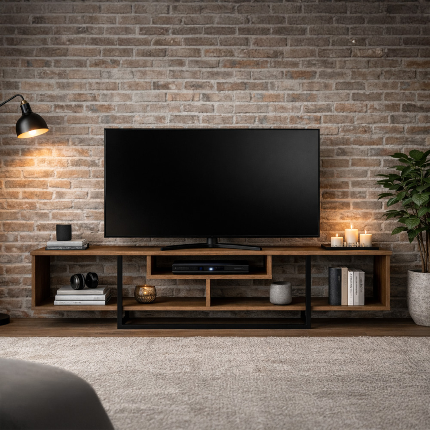 SIENA Meuble TV design industriel noyer et noir avec rangements - 149 cm