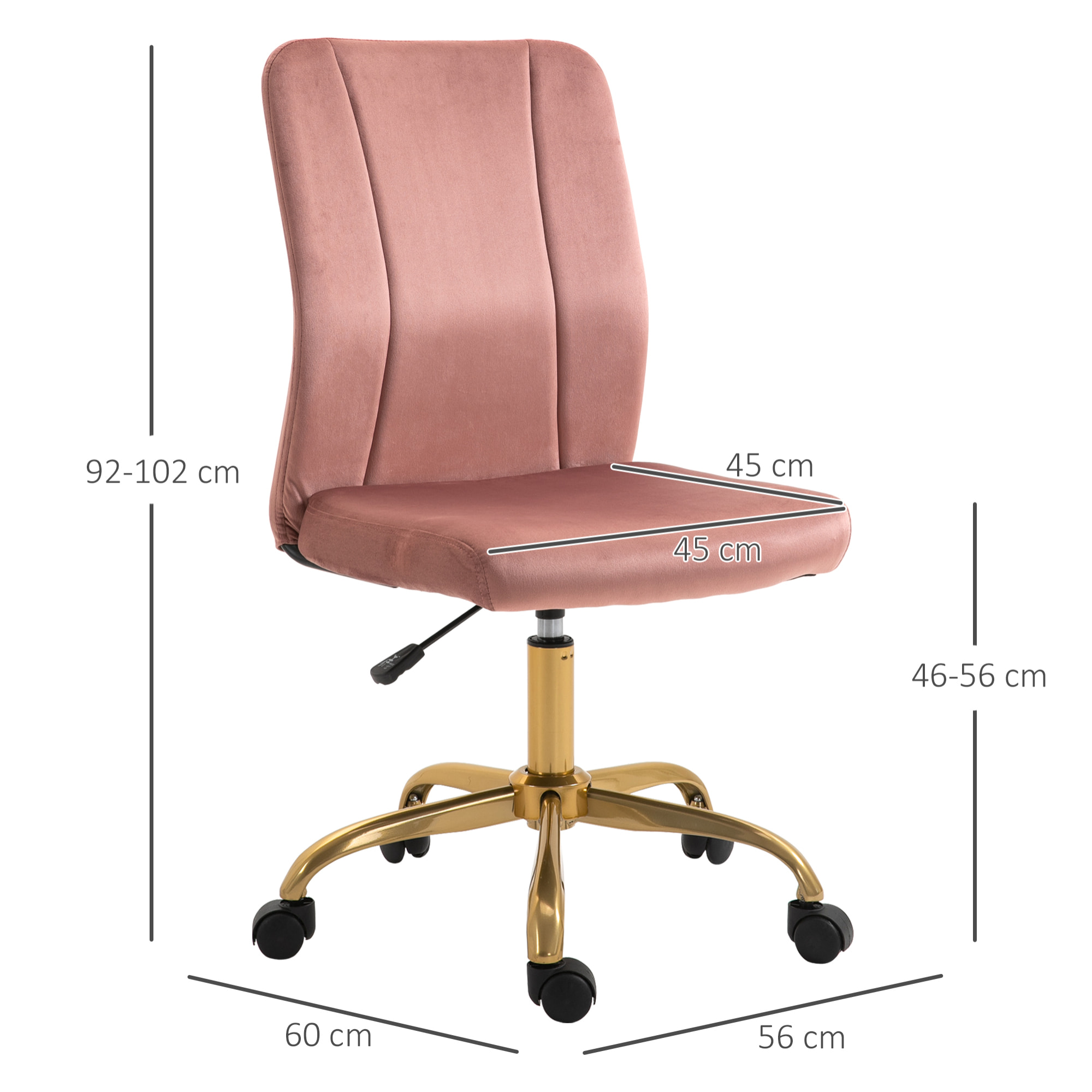 Vinsetto Chaise de bureau style Art déco hauteur réglable pivotante 360° piètement métal doré velours rose poudré