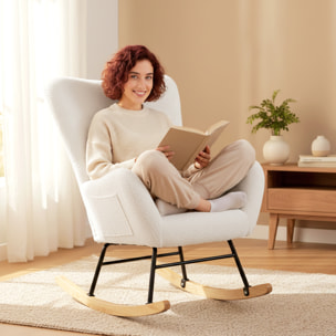 Silla Mecedora Moderna, Mecedora Tapizada en Terciopelo de Teddy, Sillón de Lactancia con Respaldo Acolchado Alto, Almohada, Patas de Madera, Bolsillo Lateral, para Dormitorio, Salón, Crema