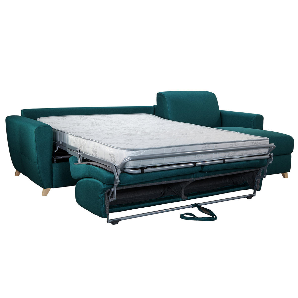 Canapé d'angle convertible réversible avec coffre 4 places en tissu bleu canard et bois clair GRAHAM