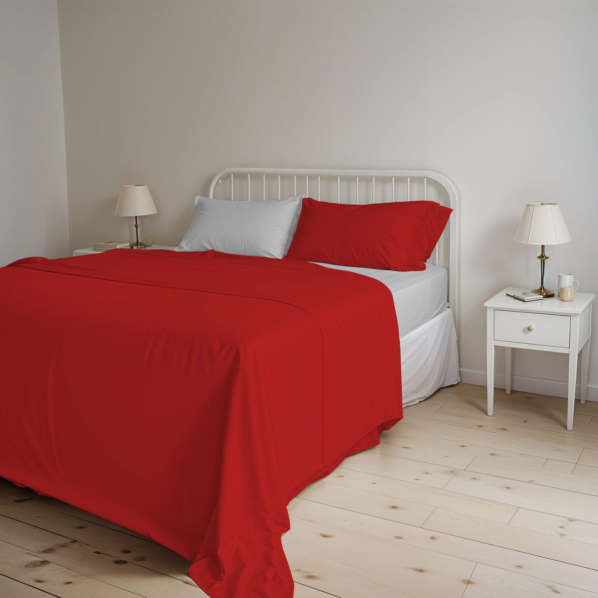 COMPLETO LETTO NATURAL COLOR, 100% Cotone, Made in Italy - ROSSO/GRIGIO CHIARO