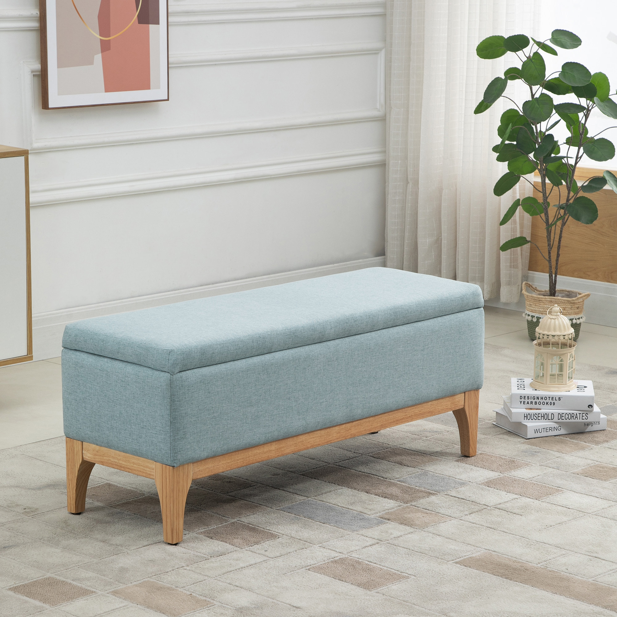 HOMCOM Banquette coffre de rangement 2 en 1 style scandinave dim. 110L x 39l x 45H cm tissu vert d'eau