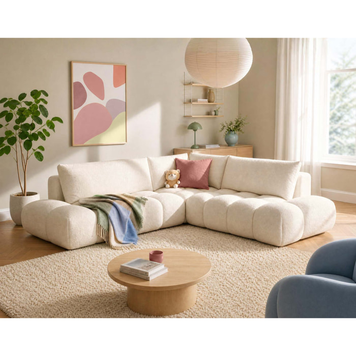 Yulin - Canapé d'angle L 5 places convertible avec coffre en tissu bouclette - Beige