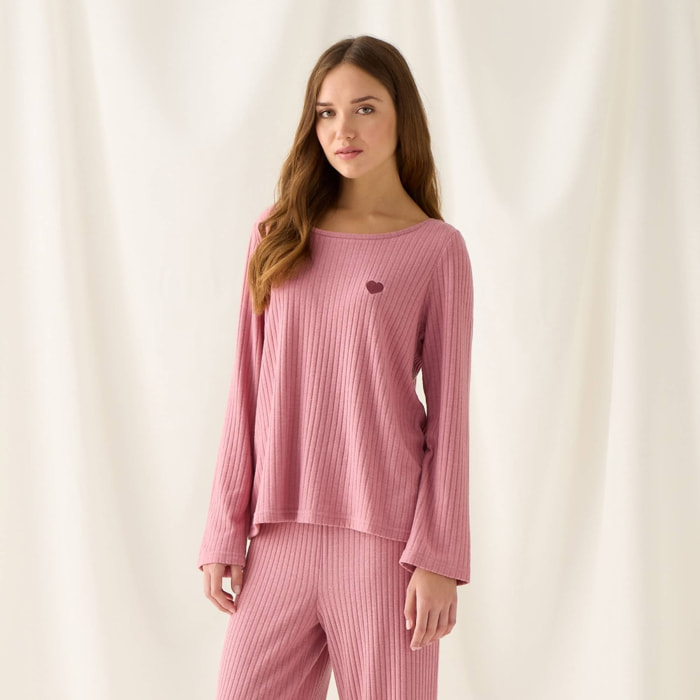 Camiseta de punto canalé Sisa color rosa Poliéster