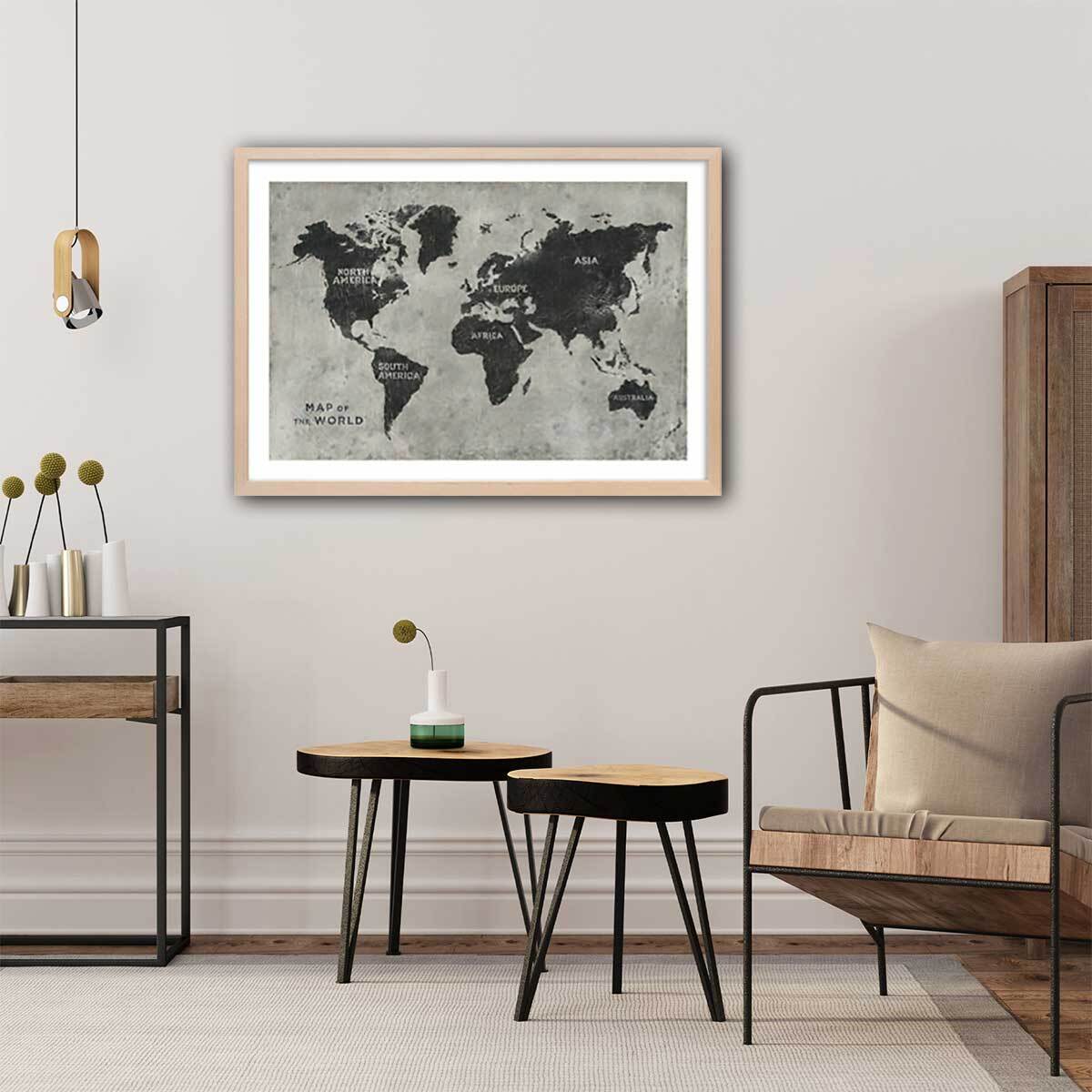 Affiche Carte du monde punky Affiche + cadre en bois - Chêne