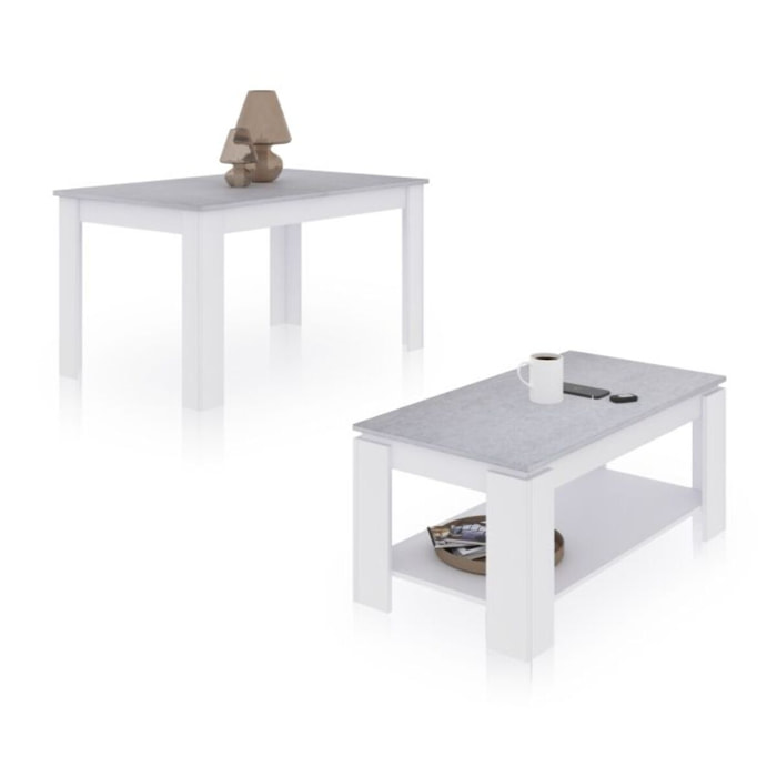 Pack mesa de comedor 140 y mesa de centro Lya Blanco Artik (Blanco Mate) - Gris Cemento