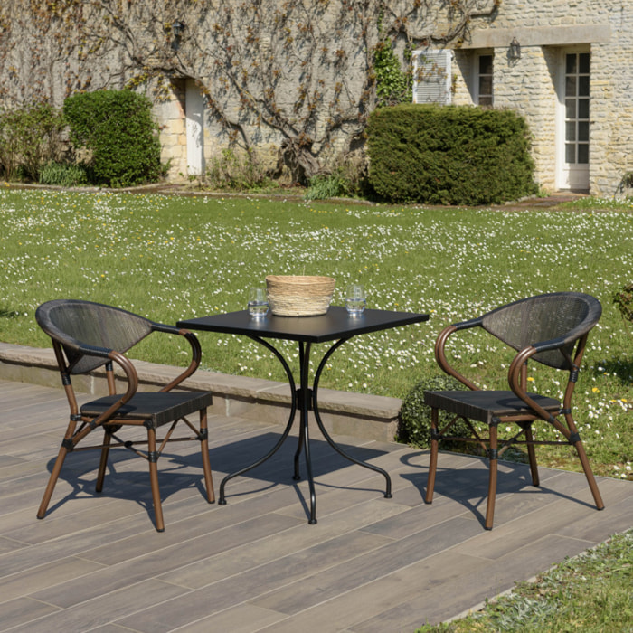 VIANNEY - Salon de jardin 2 personnes en acier - 1 table carrée 70x70cm et 2 chaises en textilène marron