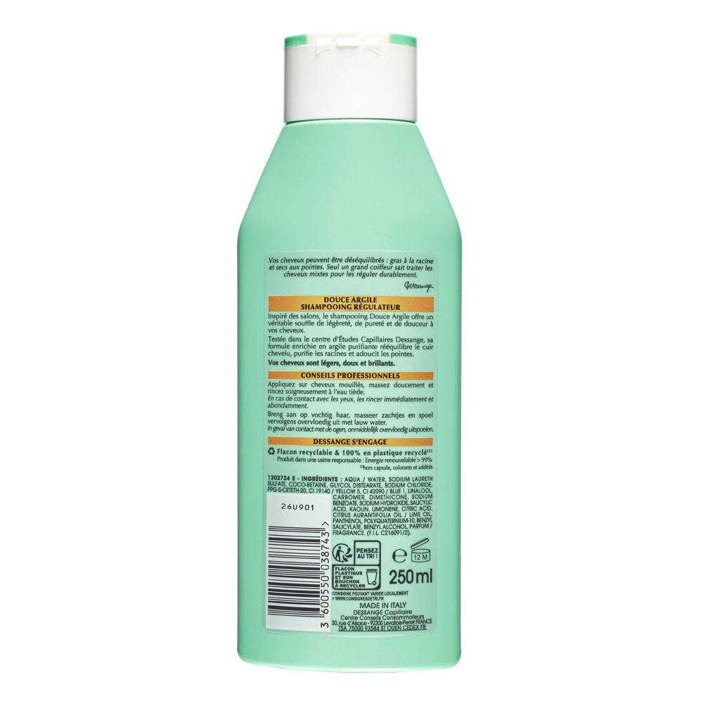 Lot de 12 - Dessange Douce Argile Shampooing Régulateur Racines Grasses, Pointes Sèches 250ml