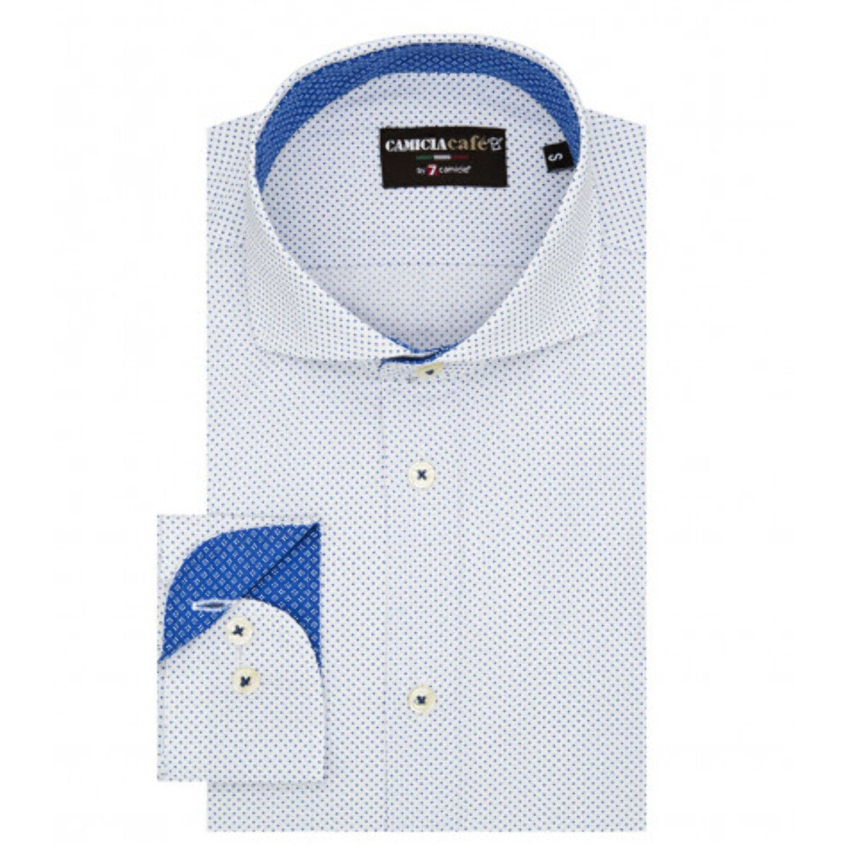 Camicia Uomo 1 Bottone Francese Slim Cotone Poliestere Stampato Bianco\Blu Inchiostro