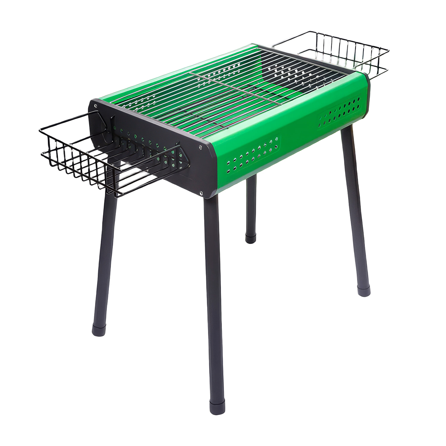 Barbacoa portátil de carbón CA-26 con patas desmontables, dos bandejas grill, cestas laterales y ventilación optimizada para una cocción uniforme.