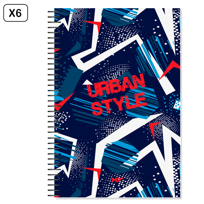PACK 6 UNIDADES CUADERNO ESPIRAL Fº 80 HOJAS 90 g/m² DISEÑO URBAN STYLE
