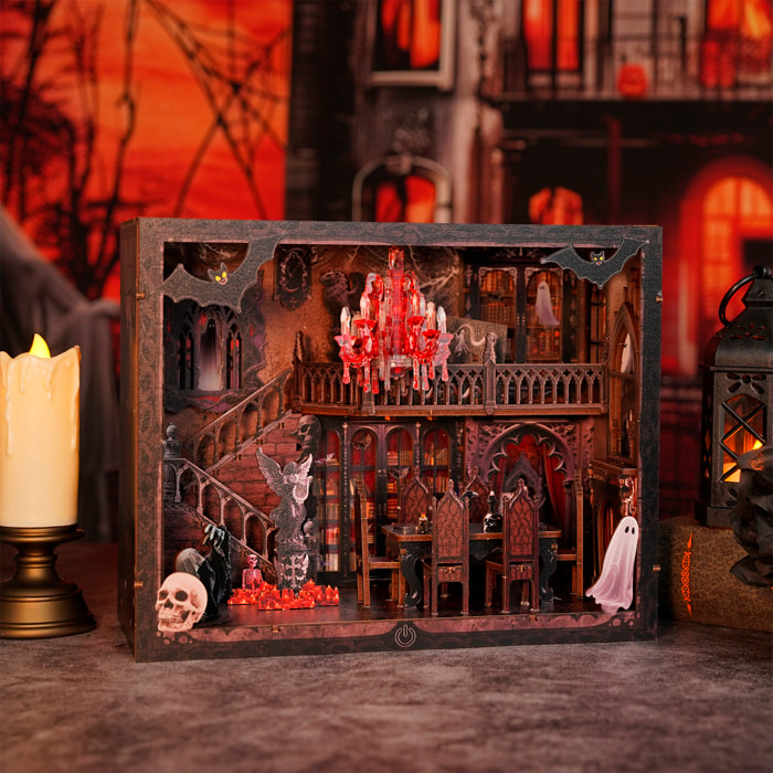 Familia oscura. Book Nook de madera con 155 piezas, diseño 3D realista con gran detalle, luces led y cubierta anti polvo.