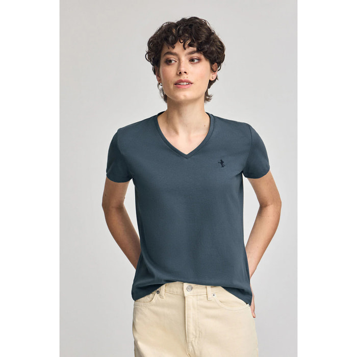 Maglietta blu denim con scollo a V e ricamo Rigby Best