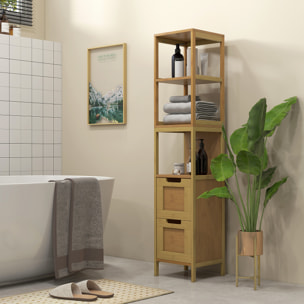 Armario de Baño Alto, Columna de Baño Estrecha con 3 Estantes y 2 Cajones de Bambú, Estilo Moderno, 30x30x144,3 cm, Natural