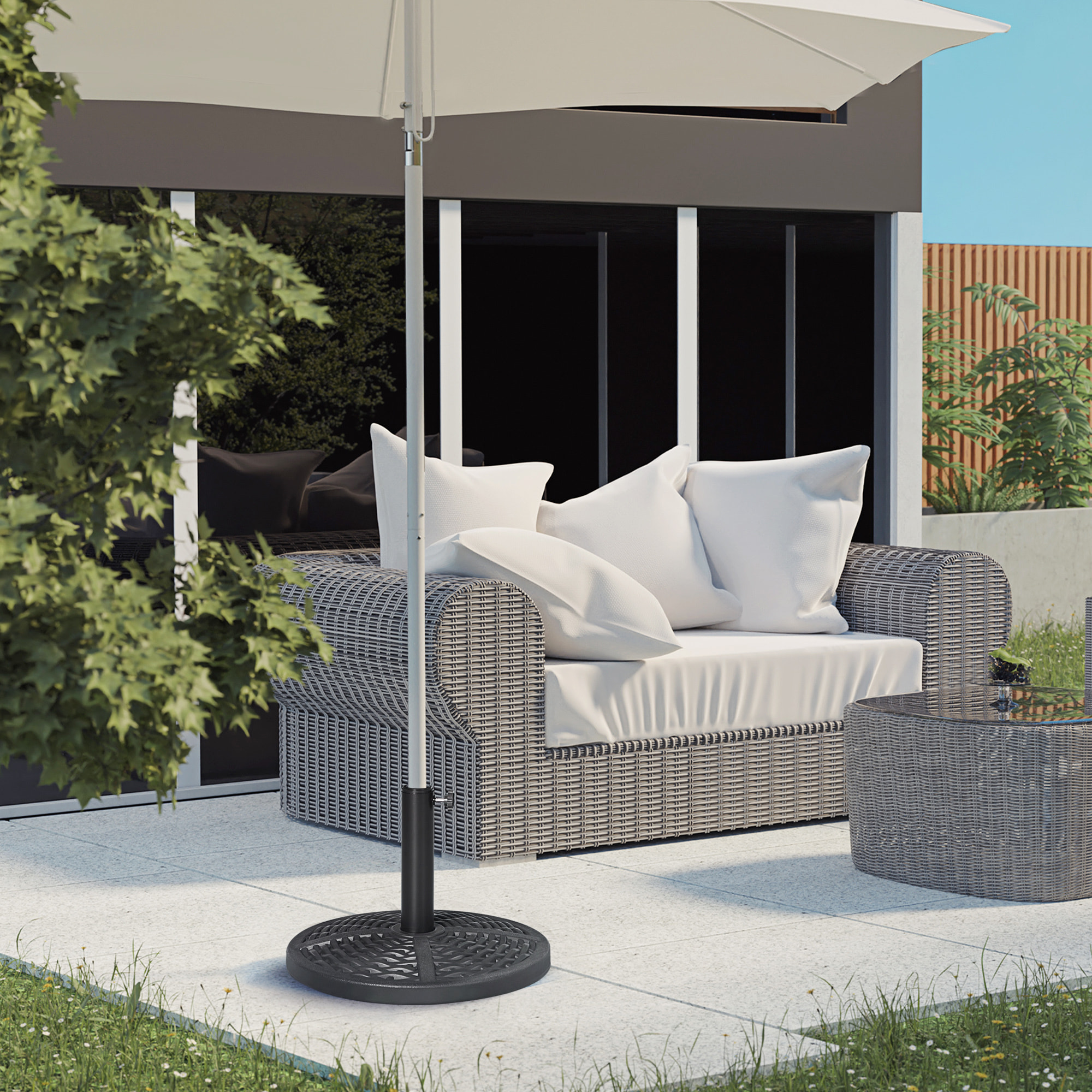 Pied de parasol rond base de lestage Ø 45 x 33H cm HDPE aspect rotin tressé poids net 8 Kg noir