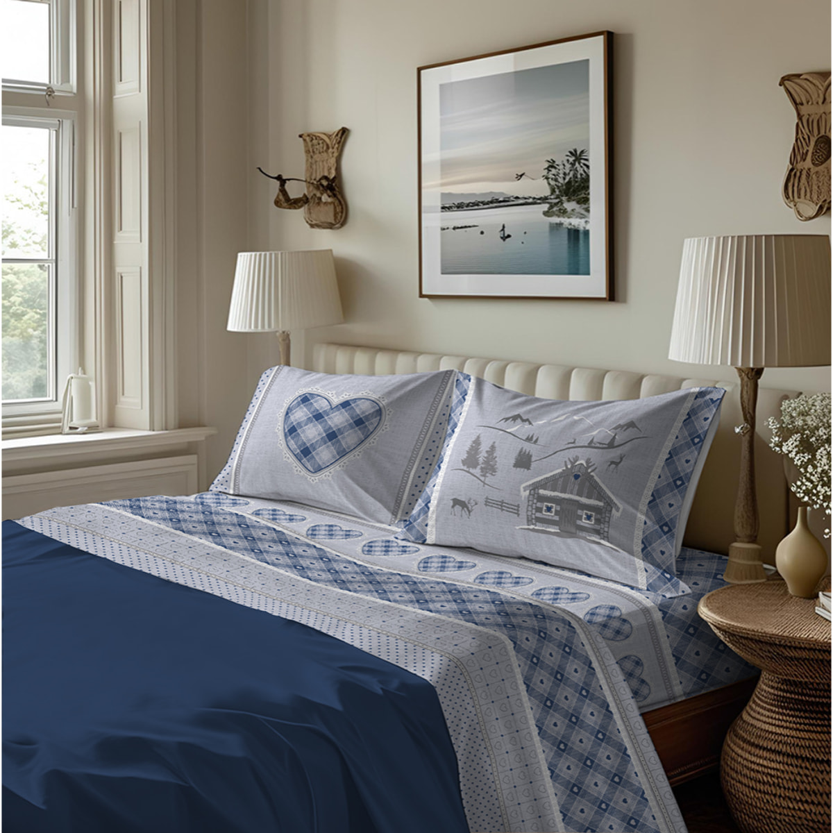 Completo letto in flanella chalet blu flanella 100% cotone