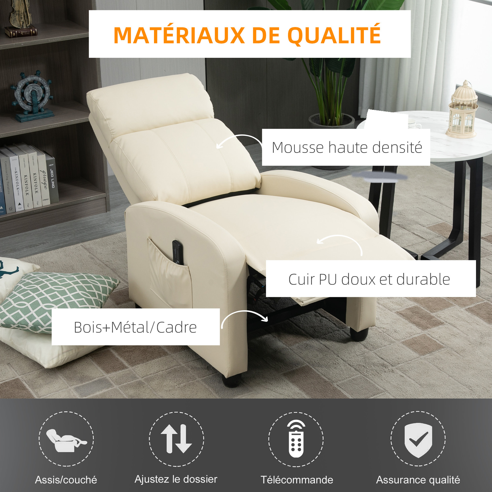 Fauteuil de relaxation et massage inclinaison dossier repose-pied réglable revêtement synthétique crème