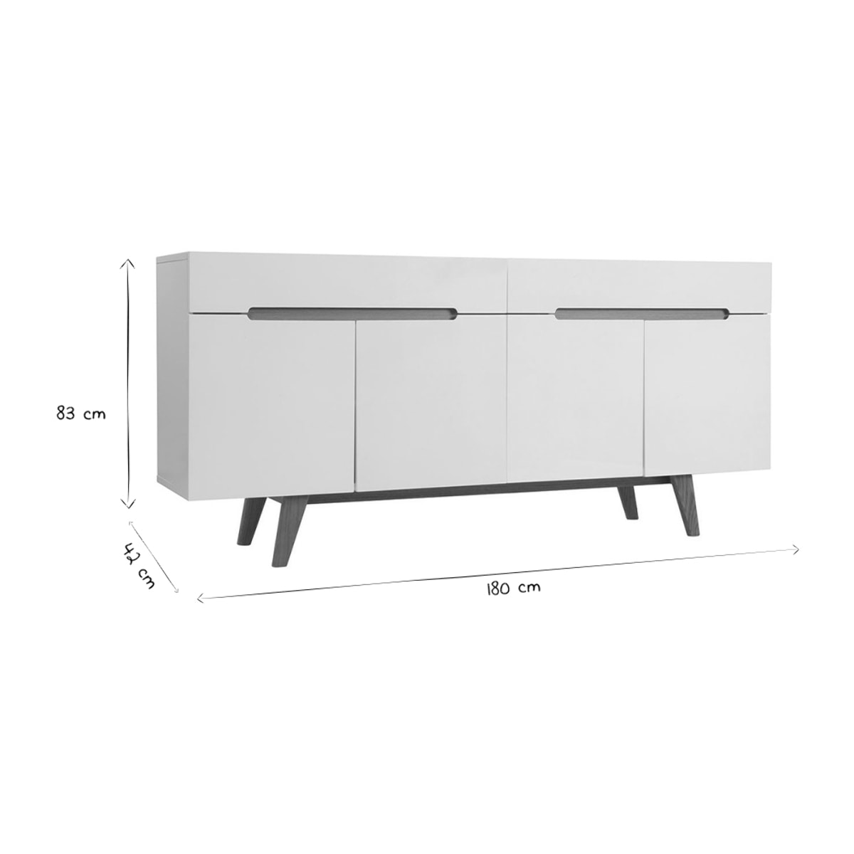 Buffet scandinave blanc laqué brillant et finition bois clair 4 portes 2 tiroirs L180 cm MELKA