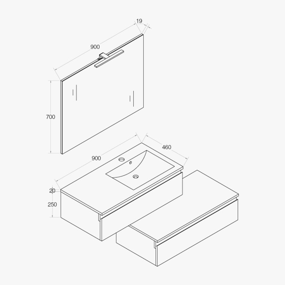 Ensemble de salle de bain 90 cm gris et blanc Aquamare