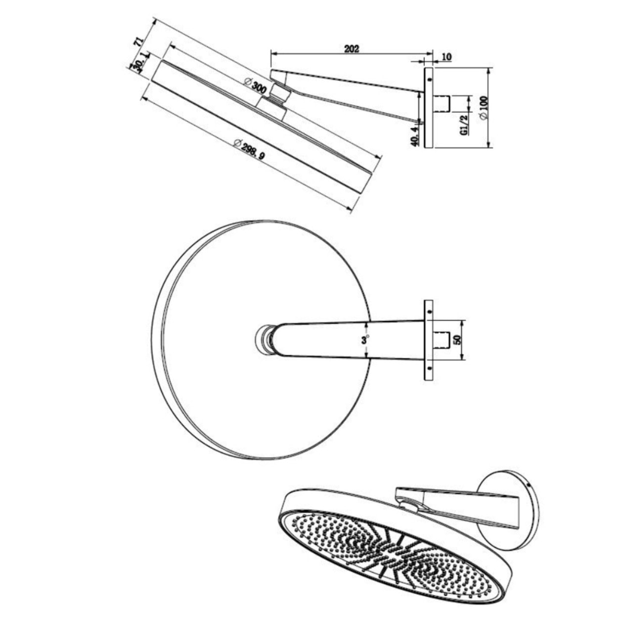 Douche de tête 1 jet avec bras de douche, diamètre 30 cm, chrome (SATBSHS81SET)