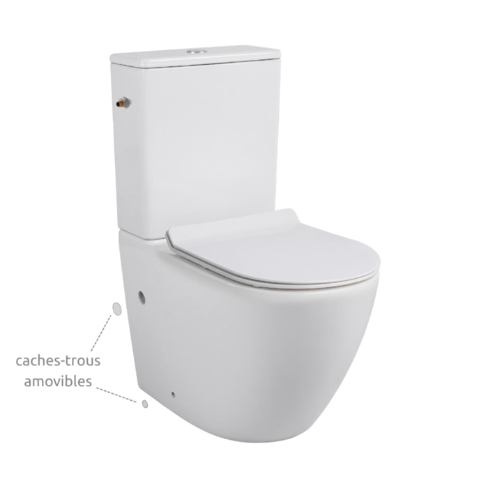 WC à poser sans bride en céramique avec abattant SoftClose + réservoir de chasse, alimentation latérale, blanc (CEPX030RREXVP)