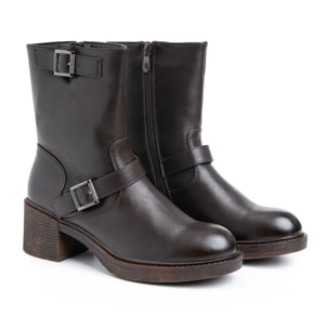 Stivaletto con doppia fibbia e tacco largo - MARRONE