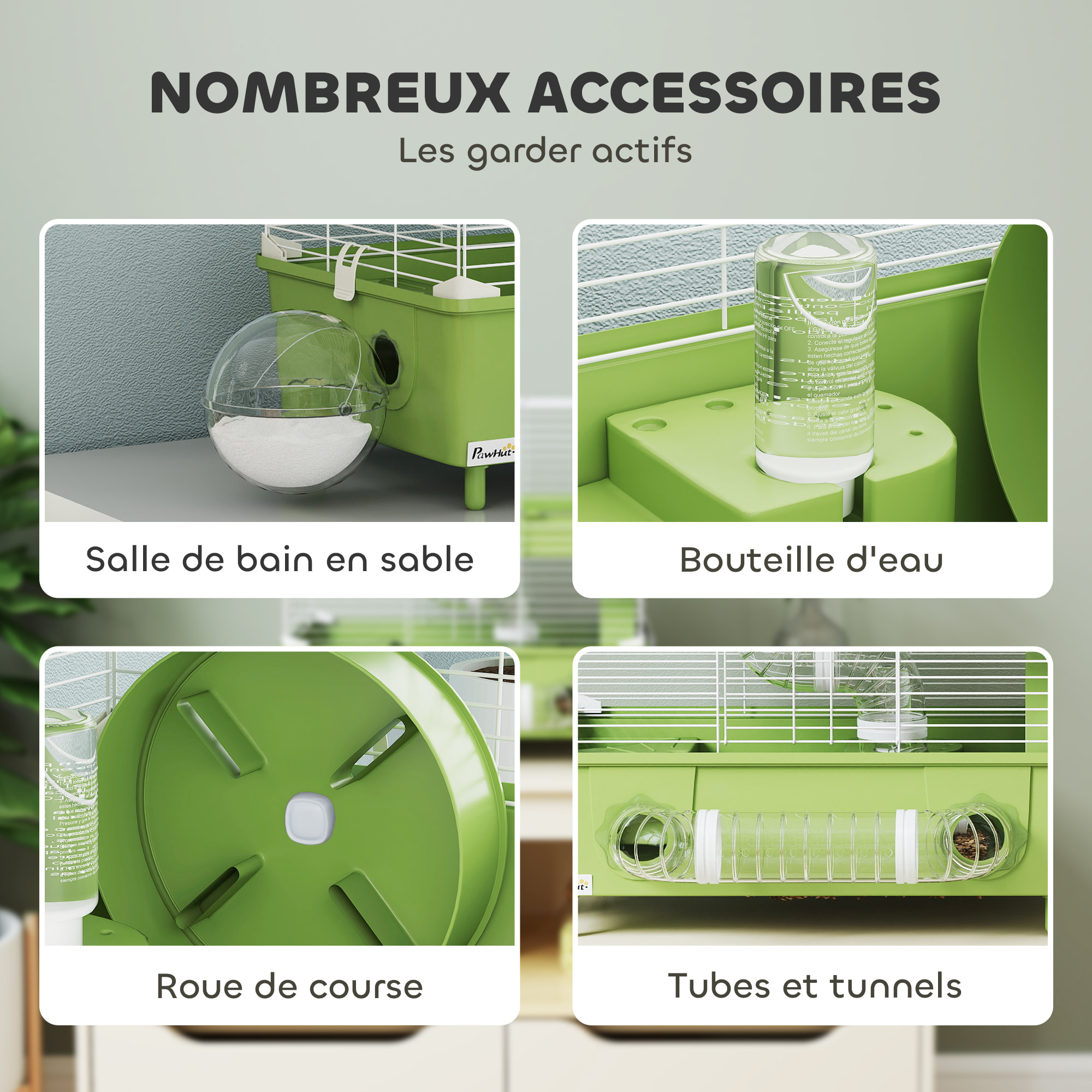 Cage pour hamster 2 niveaux roue sphère bac à sable tuyaux biberon eau dim. 44,5 x 28 x 44 cm blanc vert