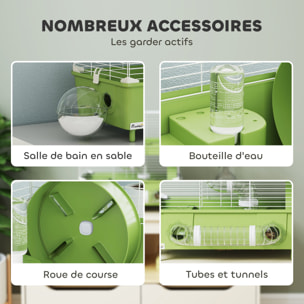 Cage pour hamster 2 niveaux roue sphère bac à sable tuyaux biberon eau dim. 44,5 x 28 x 44 cm blanc vert