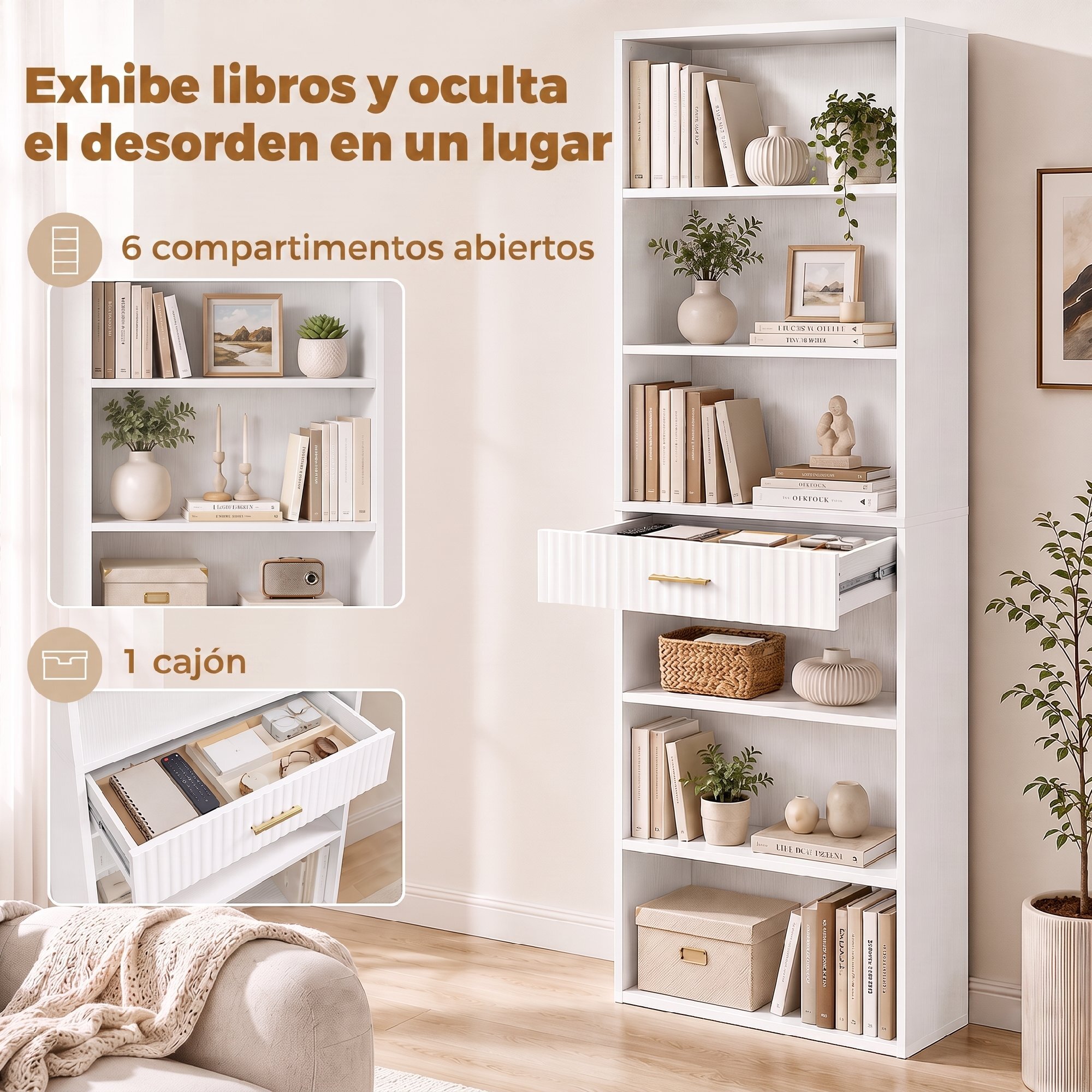 Estantería para Libros Alta y Estrecha, Librería de 7 Niveles con Cajón, 6 Compartimentos Abiertos, Armario para Salón, Estudio, Oficina, 60x24x182 cm, Blanco