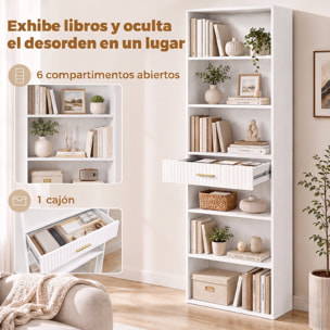 Estantería para Libros Alta y Estrecha, Librería de 7 Niveles con Cajón, 6 Compartimentos Abiertos, Armario para Salón, Estudio, Oficina, 60x24x182 cm, Blanco