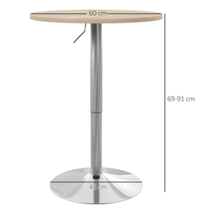 Mesa Alta Cocina, Mesa Alta Bar Redonda para 2 Personas, Altura Ajustable 69-91 cm, Tablero Giratorio 360°, Base de Acero, para Salón, Comedor, Cocina, 60x60x91 cm, Roble Claro