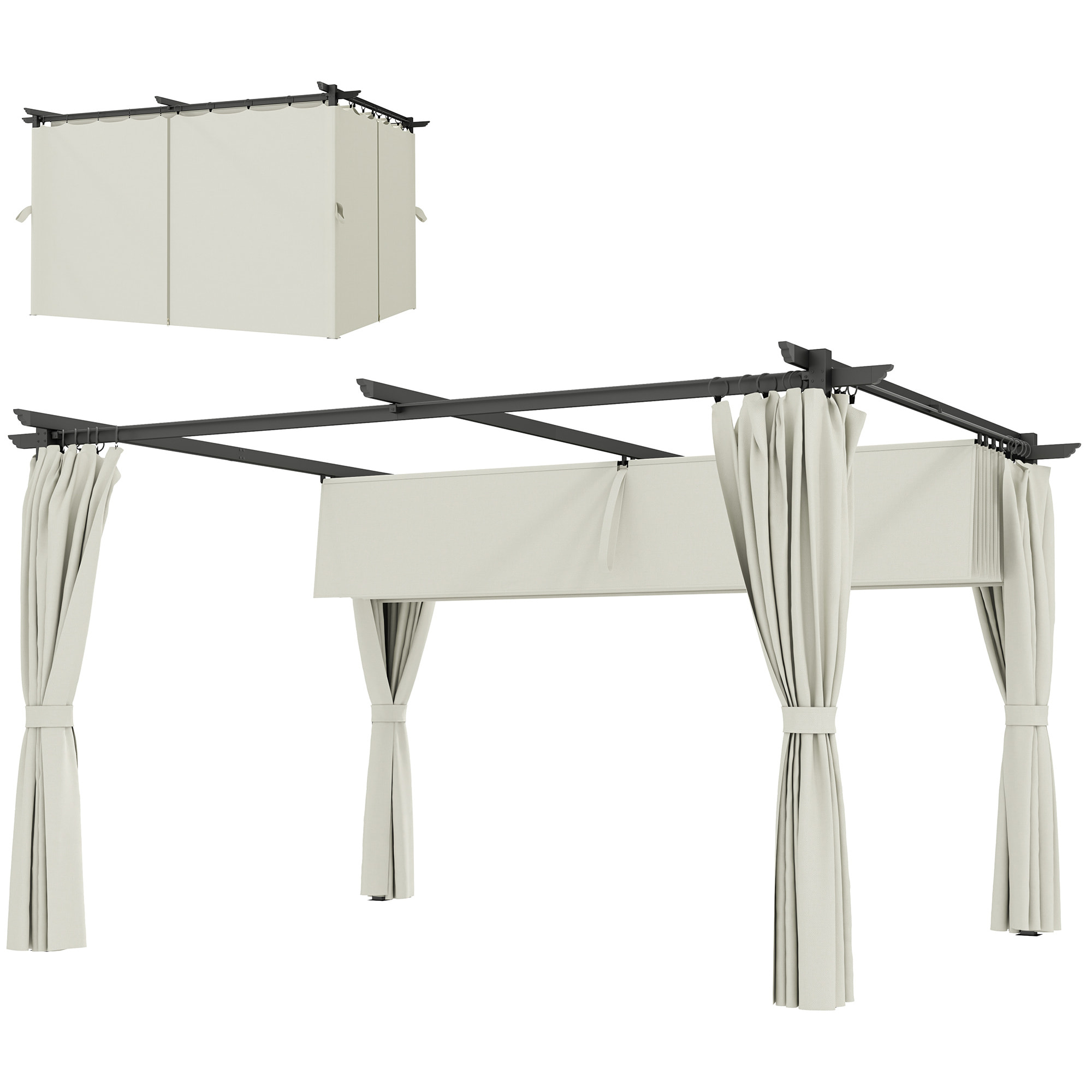 Pergola 3 x 3 m toile toit rétractable 4 rideaux ajustables métal noir polyester haute densité 180g/m² crème