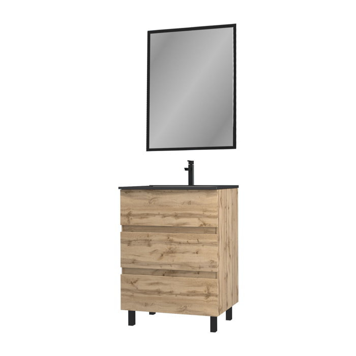 Pack Meuble SDB 60cm sur pieds 3 tiroirs Chene_Vasque noire + Miroir - TIMBER 60_Pack13