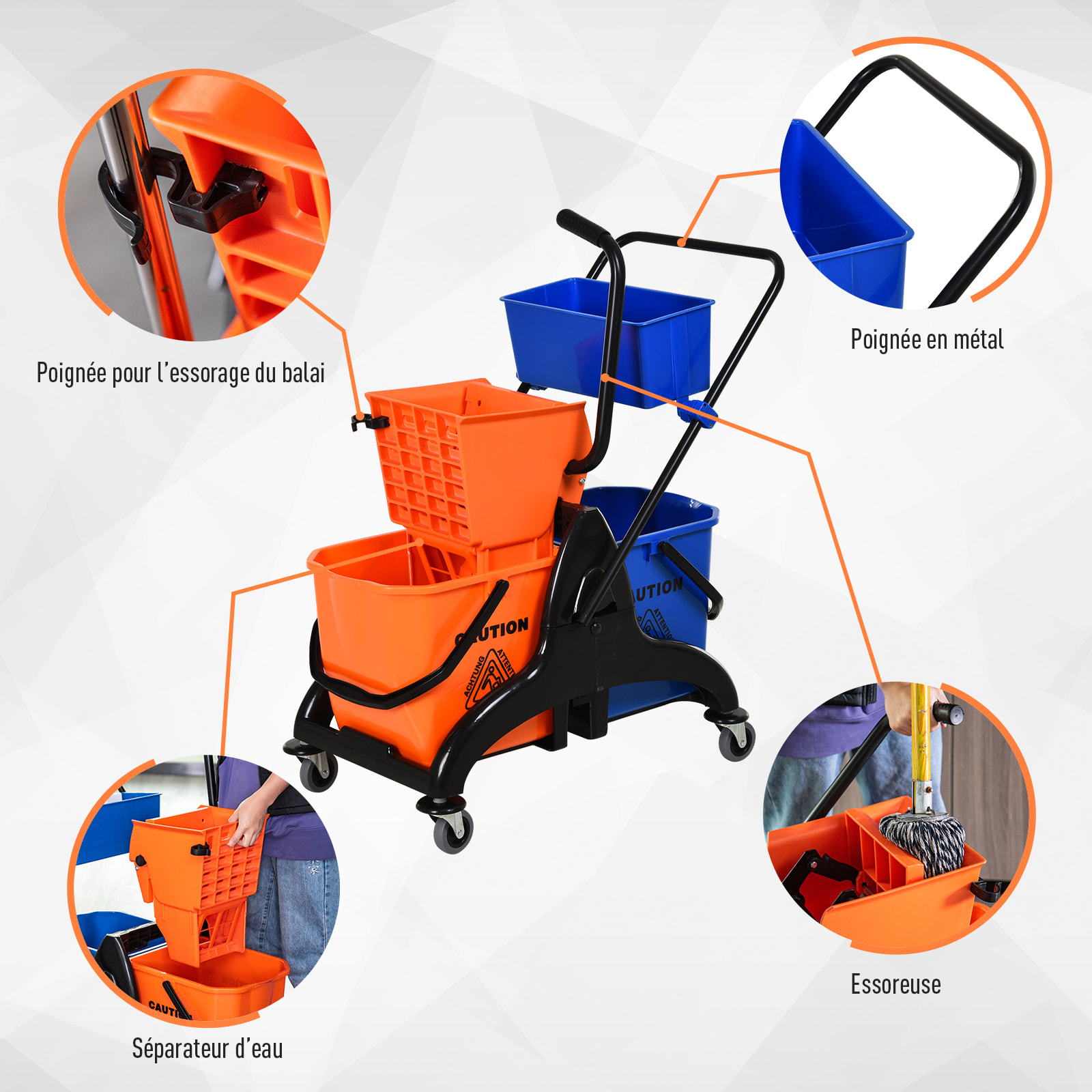 HOMCOM Chariot de lavage chariot de nettoyage professionnel presse à mâchoire 2 seaux + rangement orange bleu