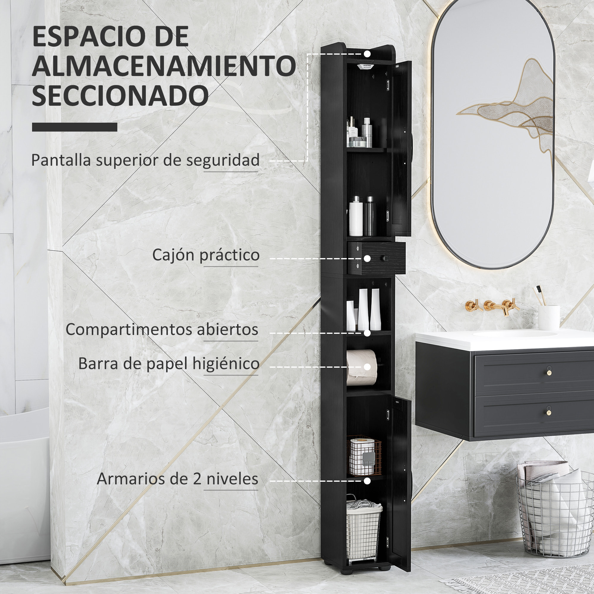 Columna de Baño Estrecha con 2 Puertas Armario Alto de Baño Rústico con Cajón Compartimento Abierto Estantes Ajustables y Portarrollos 20x20x185 cm Negro
