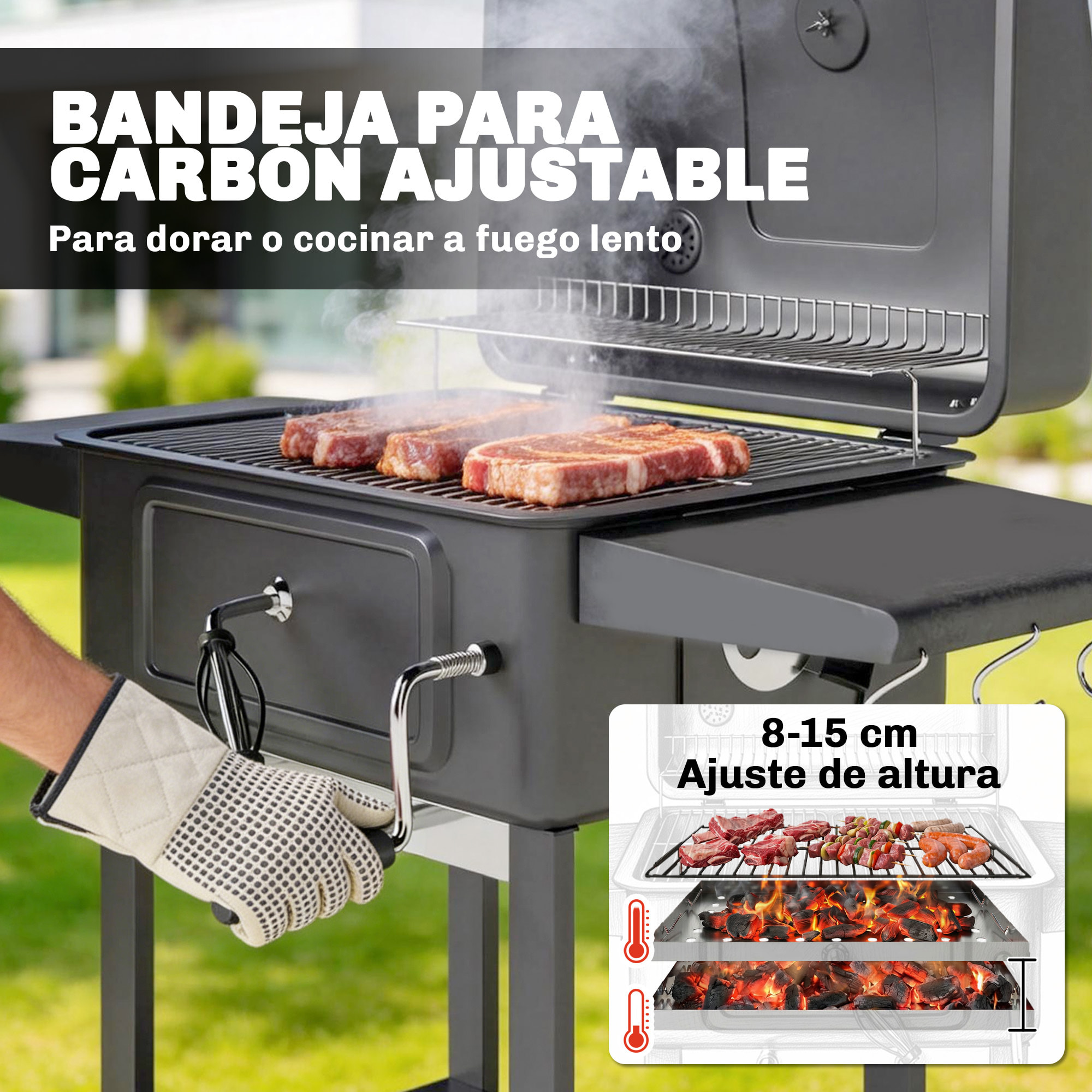 Barbacoa de Carbón Portátil, Barbacoa de Carbón con Bandeja y Ventilación Ajustable, Gran Parrilla, Estantes Laterales, Termómetro, Tapa, Chimenea, Cajón de Cenizas, Ruedas, Puerta, Negro