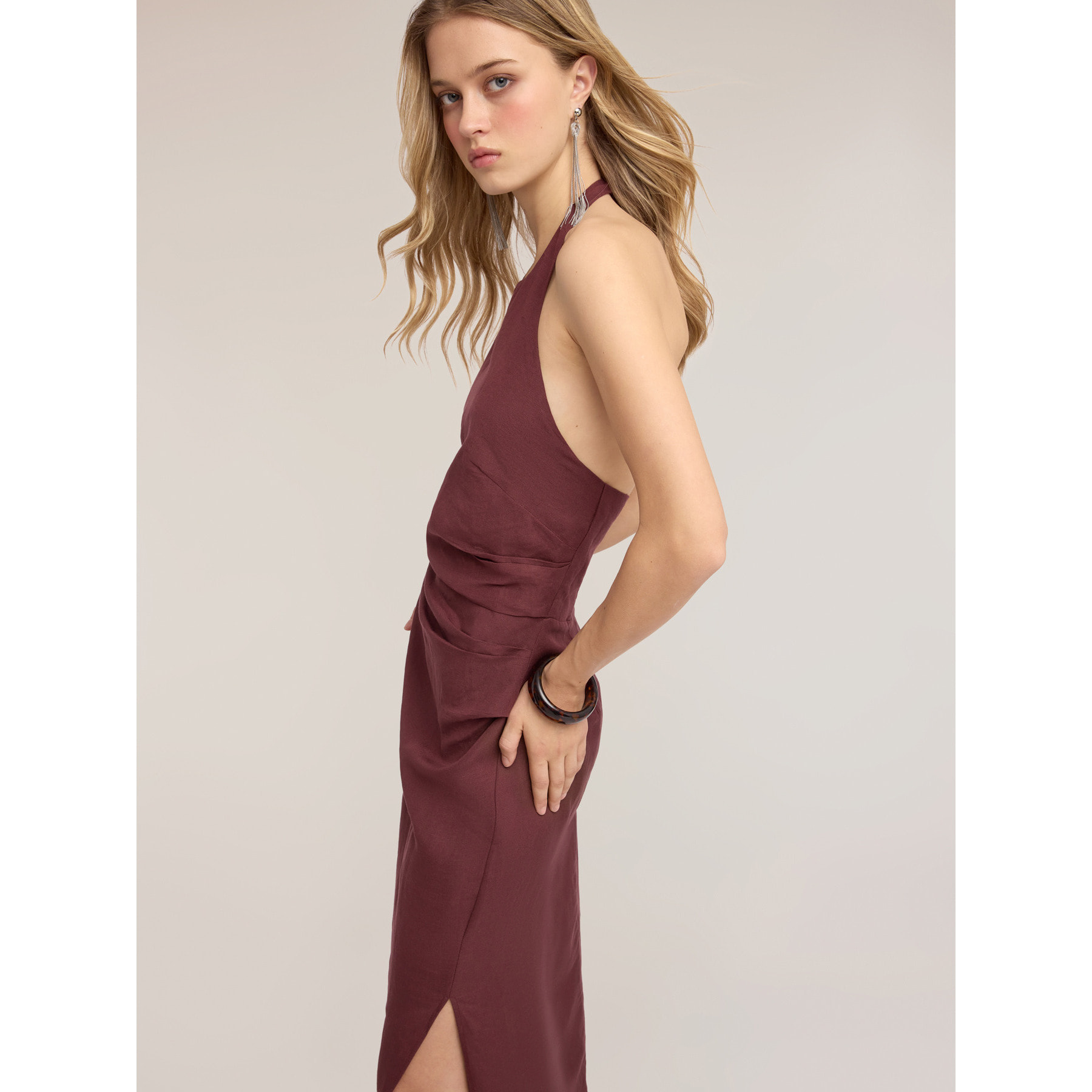 Motivi - Vestido largo en mezcla de lino con drapeado - Violeta