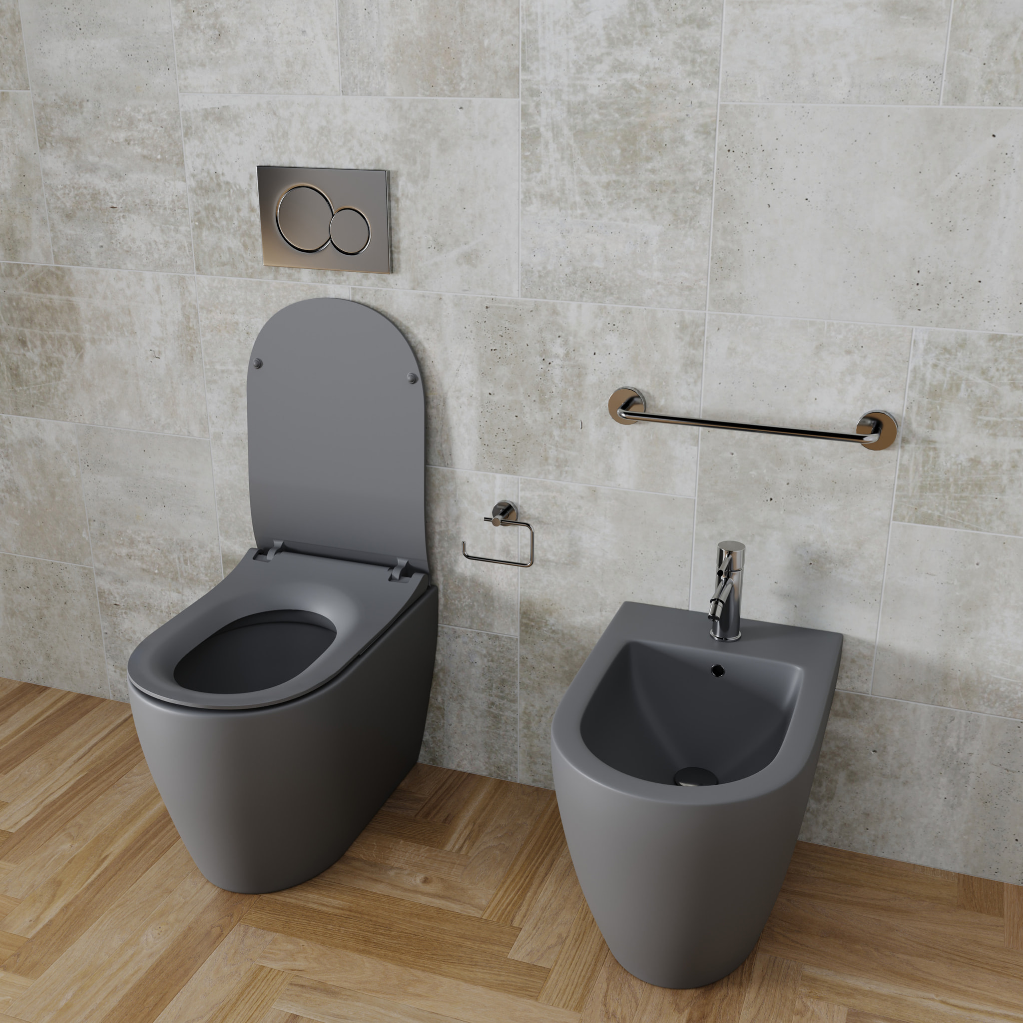 Coppia Sanitari Filomuro Filo Muro Filo Parete Vaso WC E Bidet Design Moderno In Ceramica Con Copriwater Chiusura Soft Close Rallentata Grigio Opaco