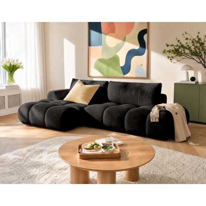 Yulin - Canapé d'angle ouvert gauche 4 places convertible avec coffre en tissu bouclette - Noir