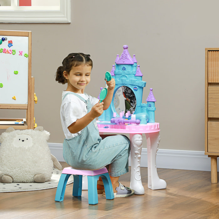 Ensemble coiffeuse tabouret enfant design château - nombreux accessoires - effets lumineux sonores - bleu blanc rose