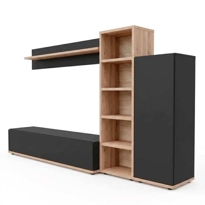 Parete Attrezzata Mobile TV Libreria Armadio Mensola Vani Multifunzione Design Contemporaneo Living Arredo Casa 240 x 40 x 127 Cm Antracite E Rovere