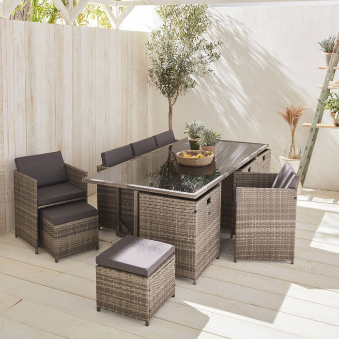 Table de jardin encastrable résine tressée + 12 assises – Vabo – Coloris Nuance de gris. Coussins Gris chiné. table encastrable