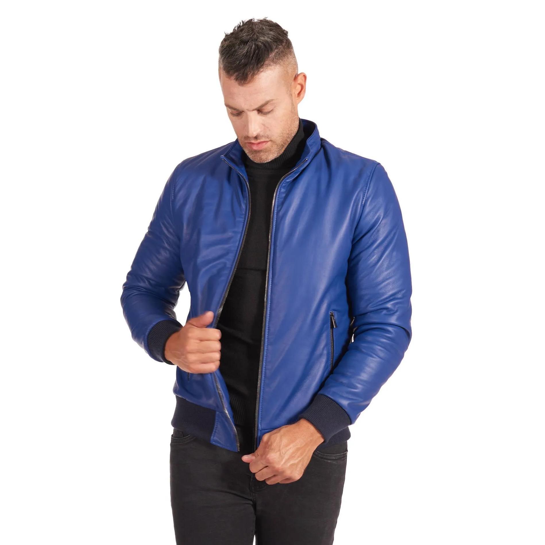 Giubbotto Bomber in pelle bluette naturale effetto liscio