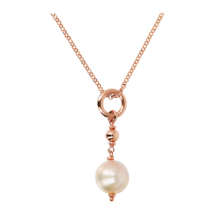 Collana Lunga Catena Rolo con Ciondolo in Perla d'Acqua Dolce Rosa