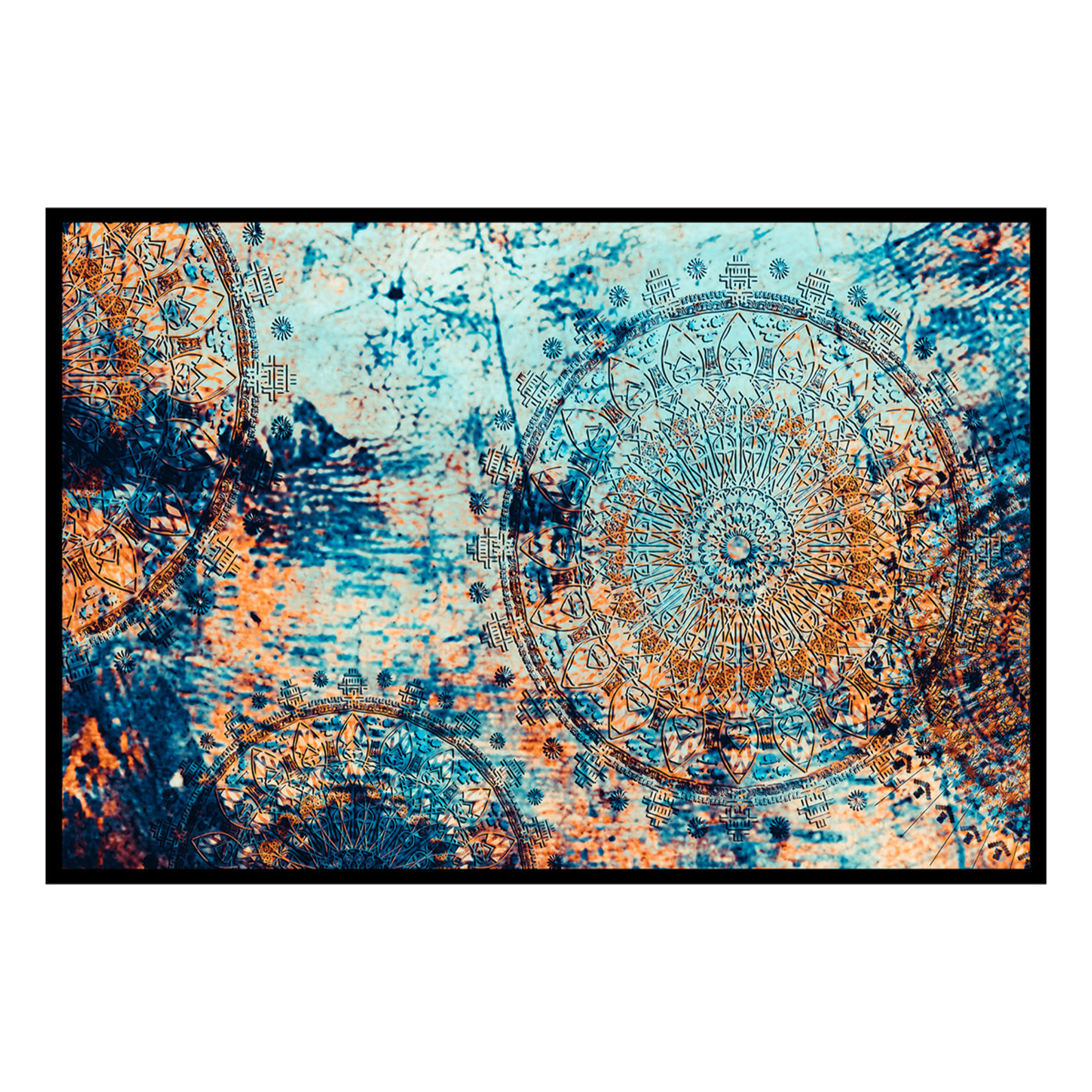 Affiche encadrée mandala artistique bleu et ocre Affiche + cadre en métal - Noir