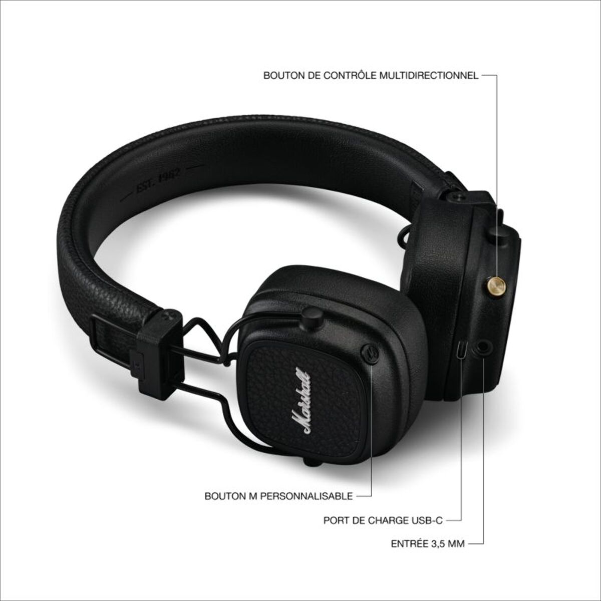 Casque MARSHALL Major V Noir - Bluetooth, autonomie 100h, pliable