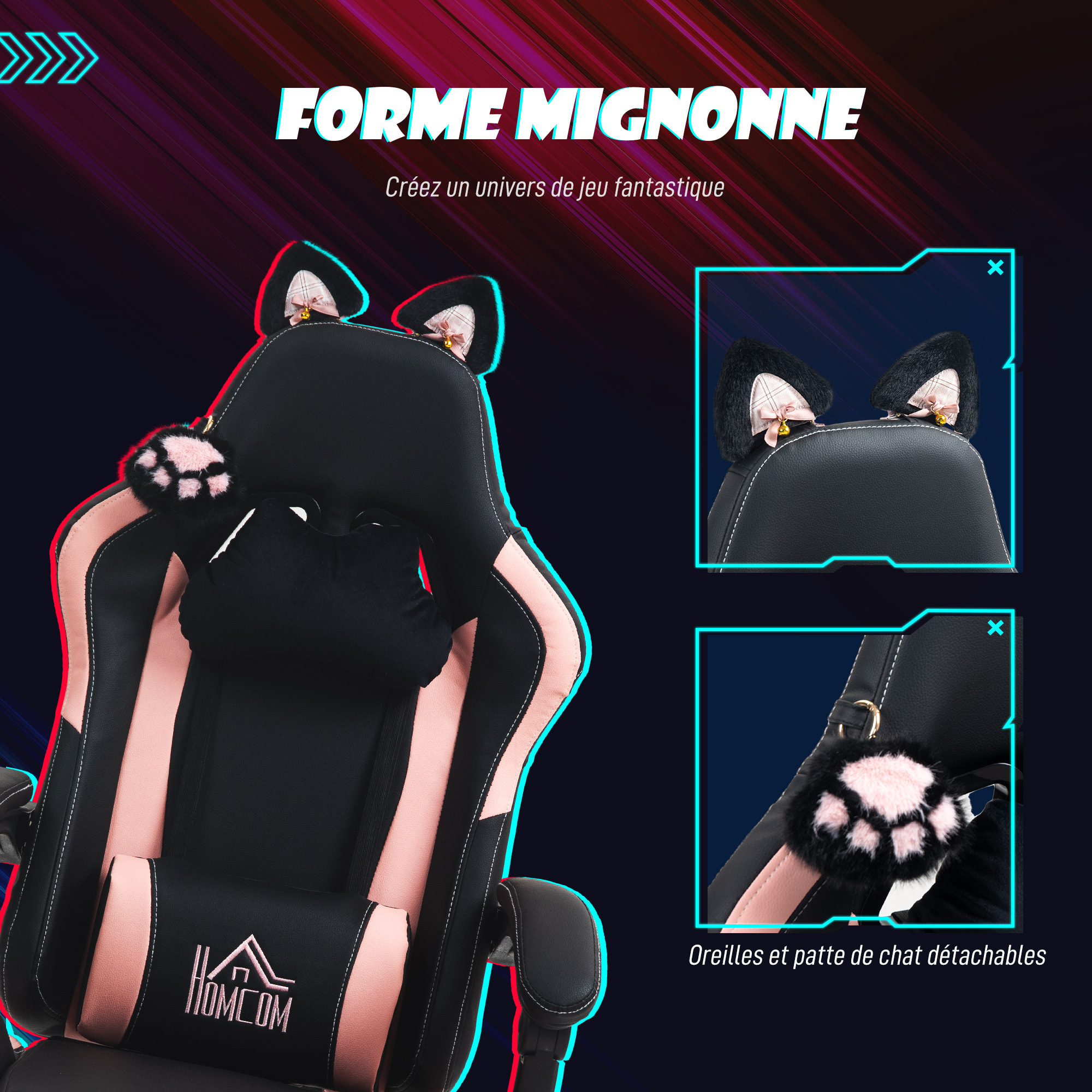 Chaise gaming design oreilles et patte de chat - inclinable, repose-pieds rétractable - rose noir